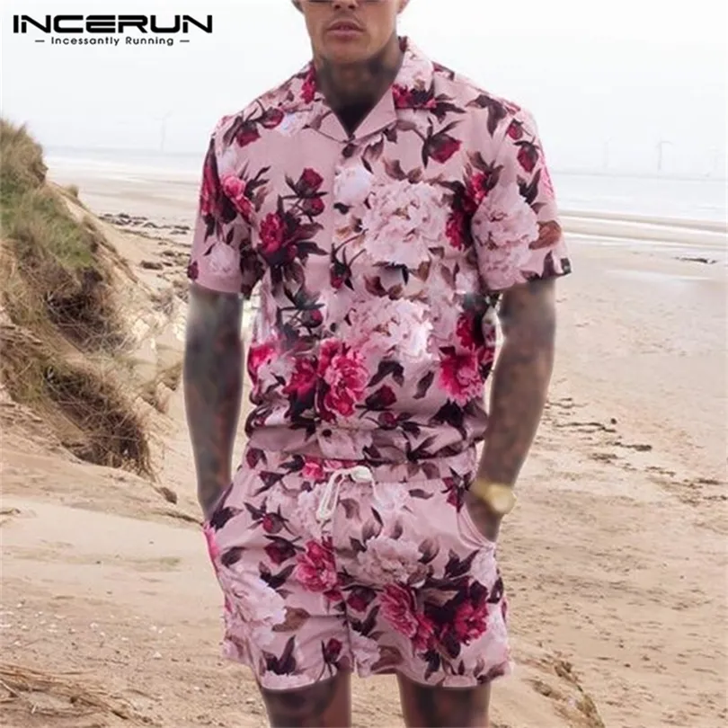 Incerun Summer Men define impressão de flores praia lapela de manga curta shorts de férias respiráveis ​​ternos havaianos 2 peças 220621