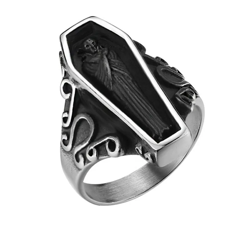 Nouveau portrait de bague en acier inoxydable européen et américain retour aux anciens anneaux pour hommes punk hot style titane Vampire cercueil bagues pour homme