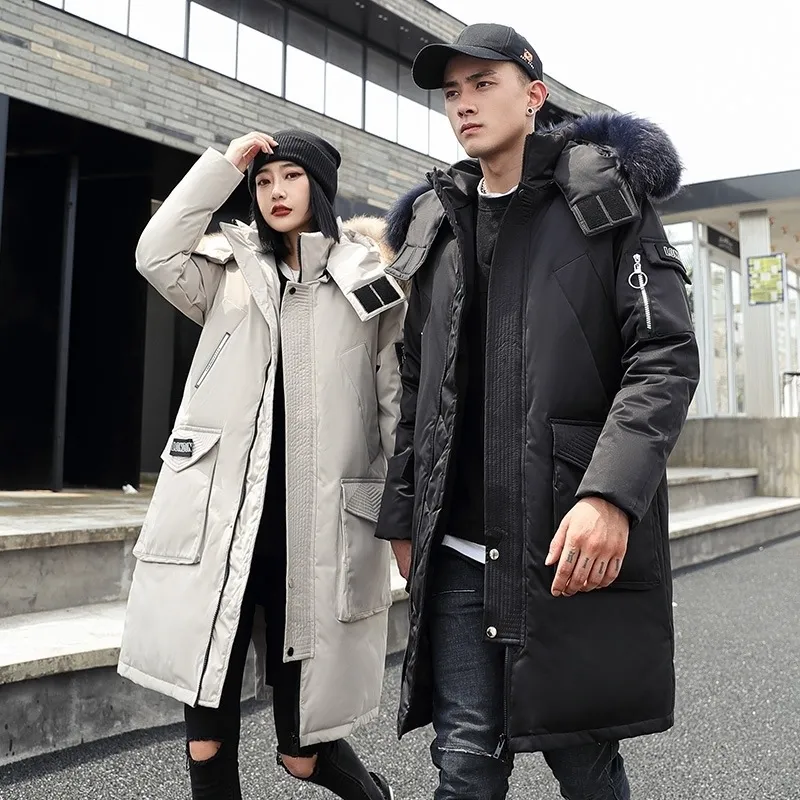 30 Degree Couple Winter White Duck Down Jacket Long Keep Warm Thicken Coat Men Fashion Hooded Fur Collar Windbreaker Down Parka 201116