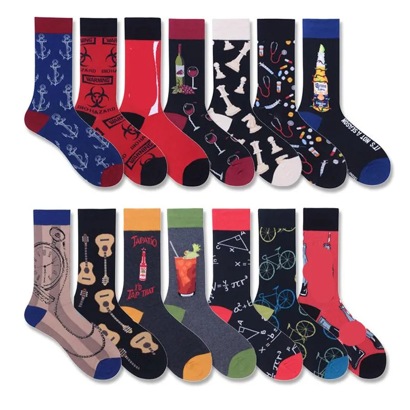 Mens Socks Men Fashion Cartoon Cola Red Wine Guitar Bike Anchor Funny Harajuku Hip Hop Street Style Happy Casual Skate Cotton SocksMens