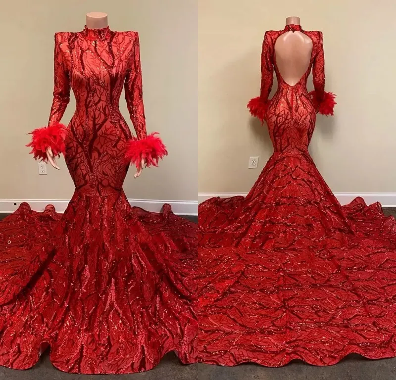 UPS 2022 Robe de soirée sirène en dentelle rouge avec des appliques à manches longues et col haut dos nu paillettes en queue de poisson aso ebi plumes de fille noire fiançailles de bal