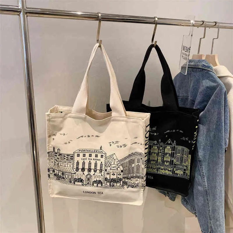 Shopping Bags Women Literature and Art Shoulder Canvas Bag Fashion Printing Student Simple Korean Casual Shopping Bag Large Capacity Tote Bag 220331