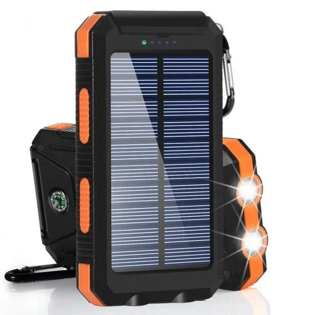 Chargeur portatif de banque d'énergie solaire 20000mah chargeur de batterie étanche chargeur de panneau solaire avec deux lampes de poche LED