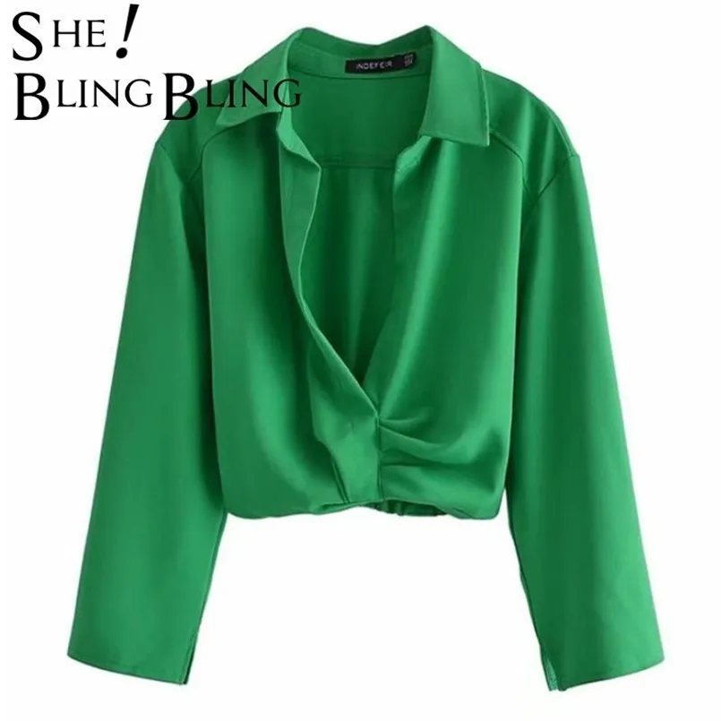 SheBlingBling Traf, blusas verdes informales para mujer, manga de muñeca con escote en V profundo, camisas recortadas drapeadas fruncidas, Tops pequeños para mujer 220407