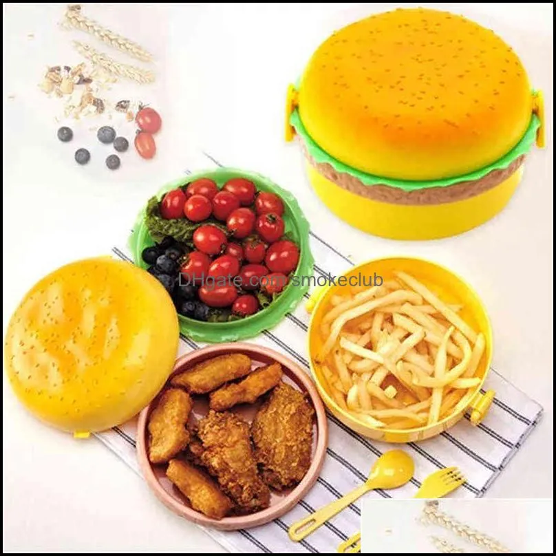 Tableware Hamburger Lunch Box Double Tier Cute Burger Bento Lunchbox Microwave Food Container Fork Set Owl Compartment 0221