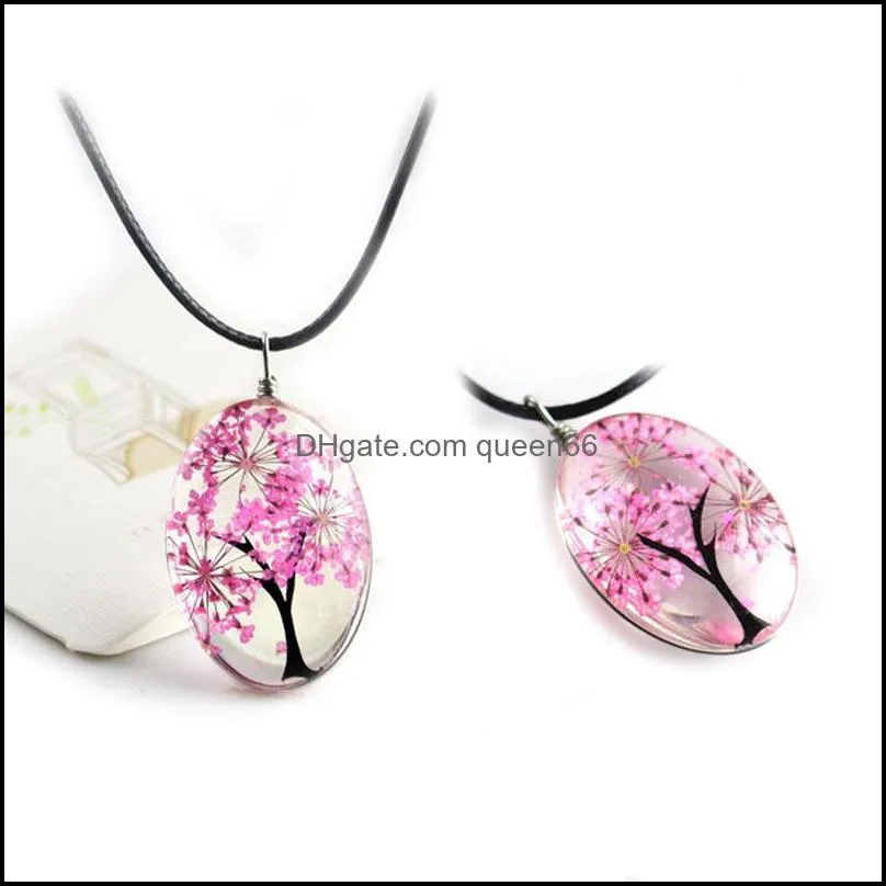 Retro Jewelry Real Dried Flower Necklace Tree of Life Shaped Leather Rope Glass Long Pendant Necklace for Women Gift
