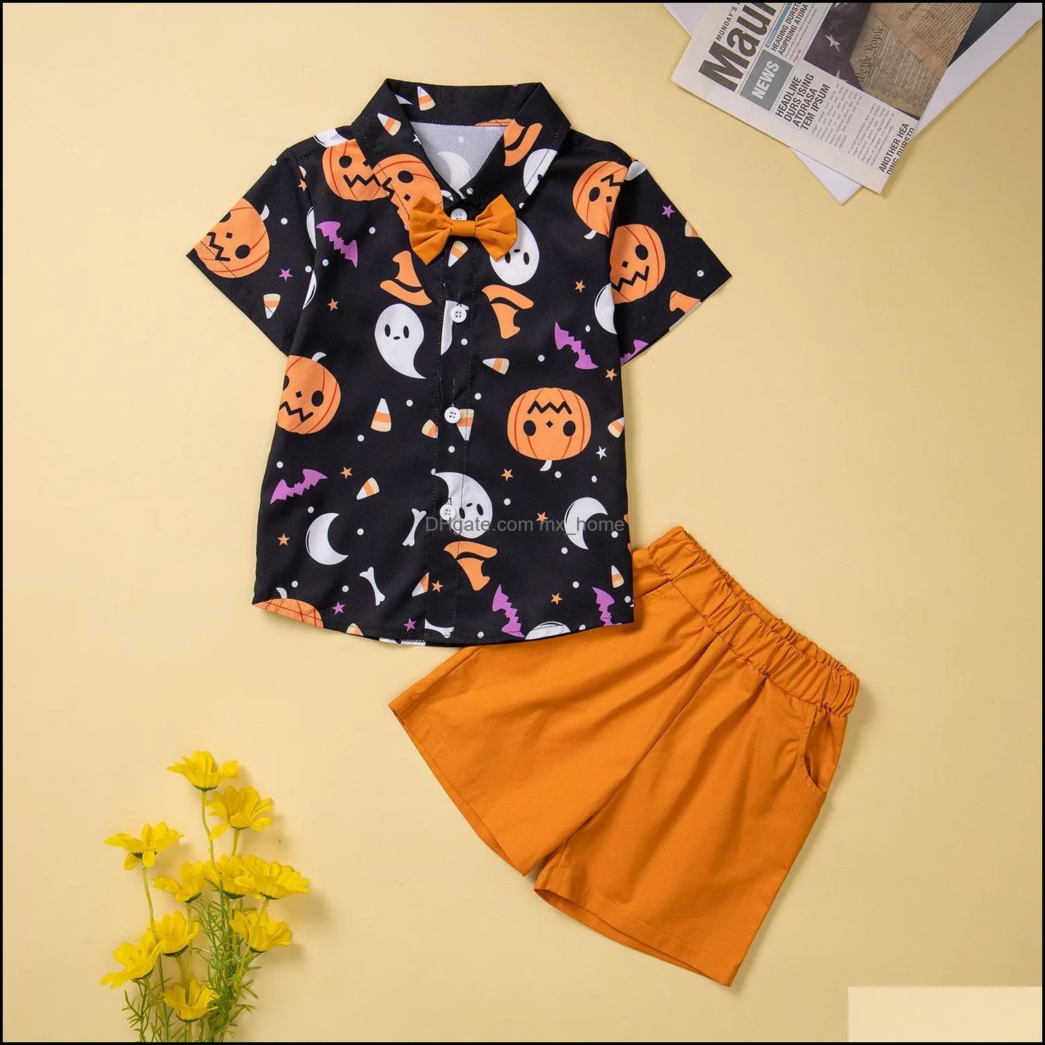 kids clothing sets boys halloween outfits children pumpkin short sleeve shirt tops shorts 2pcs/set summer fashion baby clothes z6826