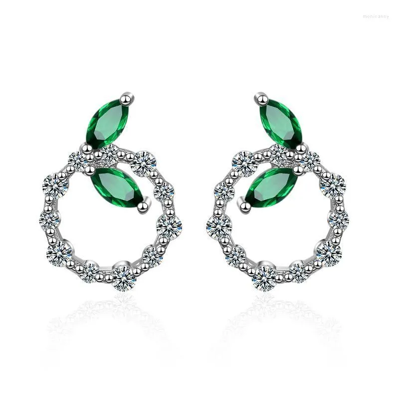 Boucles d'oreilles en argent Sterling 925 à la mode pour femmes feuilles de cristal vert exquis brillant CZ boucle d'oreille ronde Fine JewelryStud Moni22