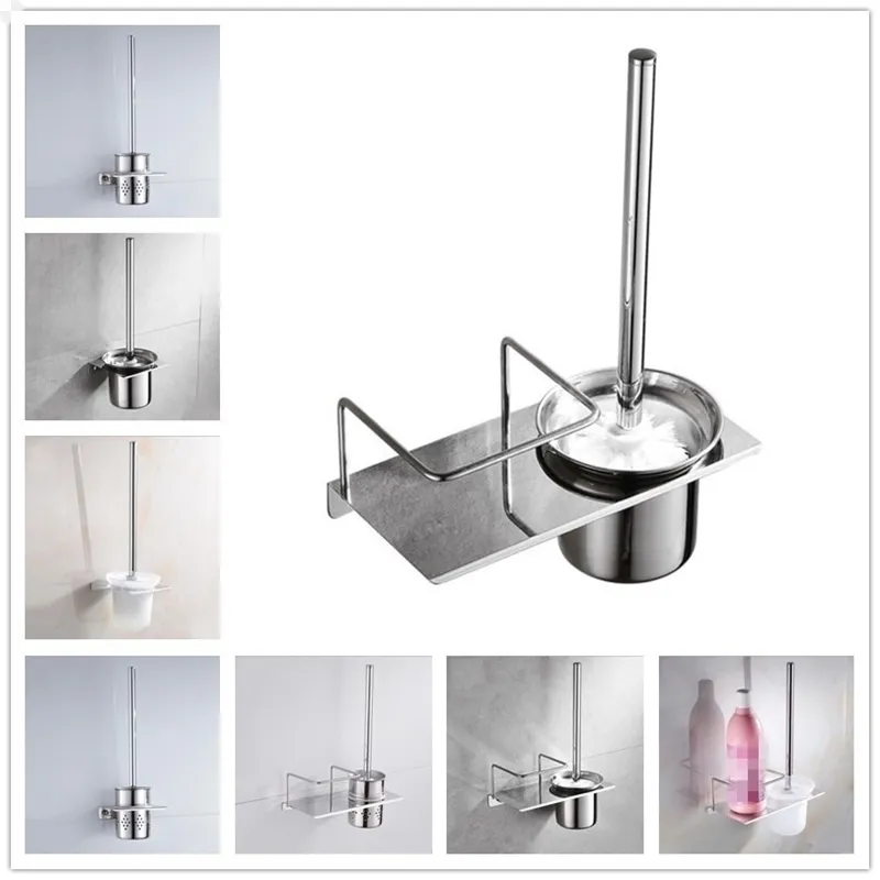 304 Stainless Steel Toilet Brush Set ABS Bathroom Cleaning Head Ventilation Glass Cup Wall Hanging Storage Rack Y200407