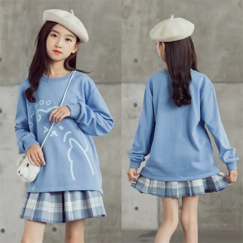 Vêtements pour enfants coréens à manches longues mignon pull haut + jupe à carreaux plissée ensemble adolescentes 10 12 14 ans tenues 220326
