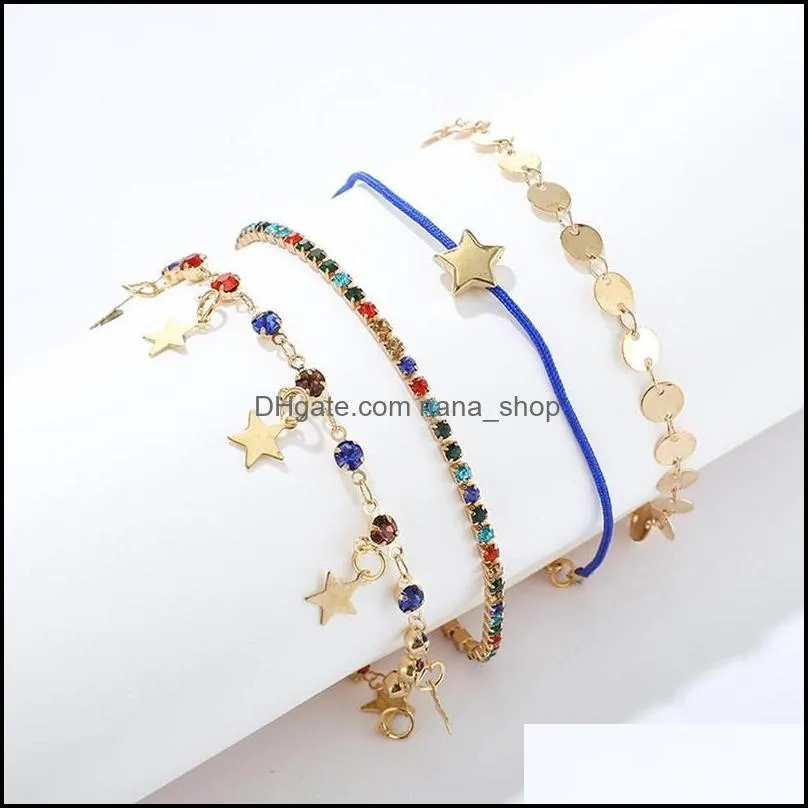 4Pcs / sets Luxury Colorful Crystal Stone Anklets For Women Gold color Wafer Star Pendant Rope Foot Chain Beach Jewelry