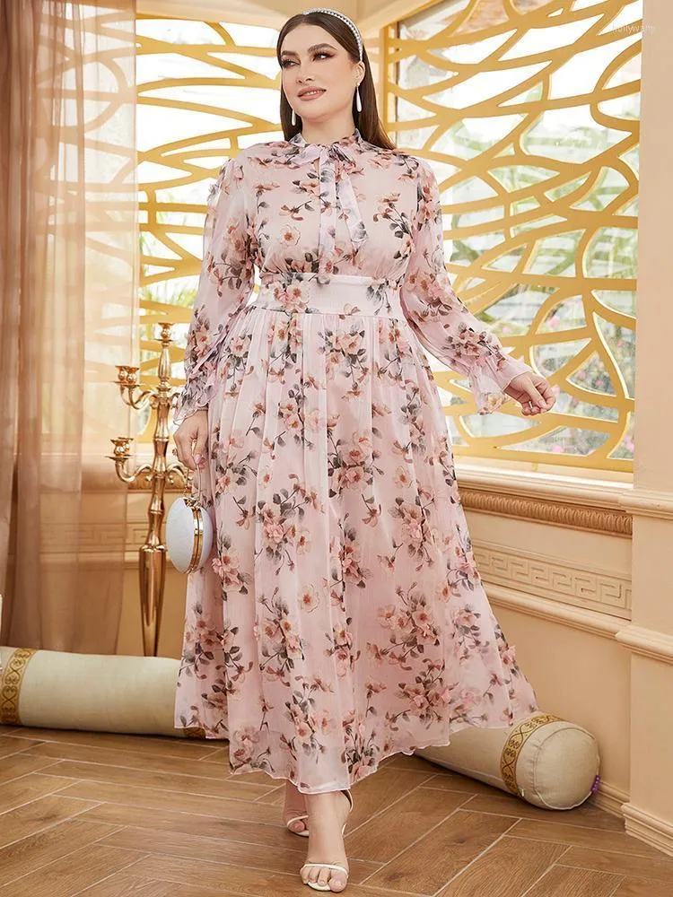 Plus Size Jurken Dames Grote Maxi-jurk 2022 Lente Roze Chique Elegante Lange mouw Bloemen Avond Feest Bruiloft Festival KledingPlus Holl22