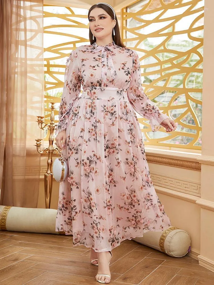 Plus Size Klänningar Dam Stor Maxiklänning 2022 Vår Rosa Chic Elegant Långärmad Blommig Kvällsfest Bröllopsfest KläderPlus Holl22