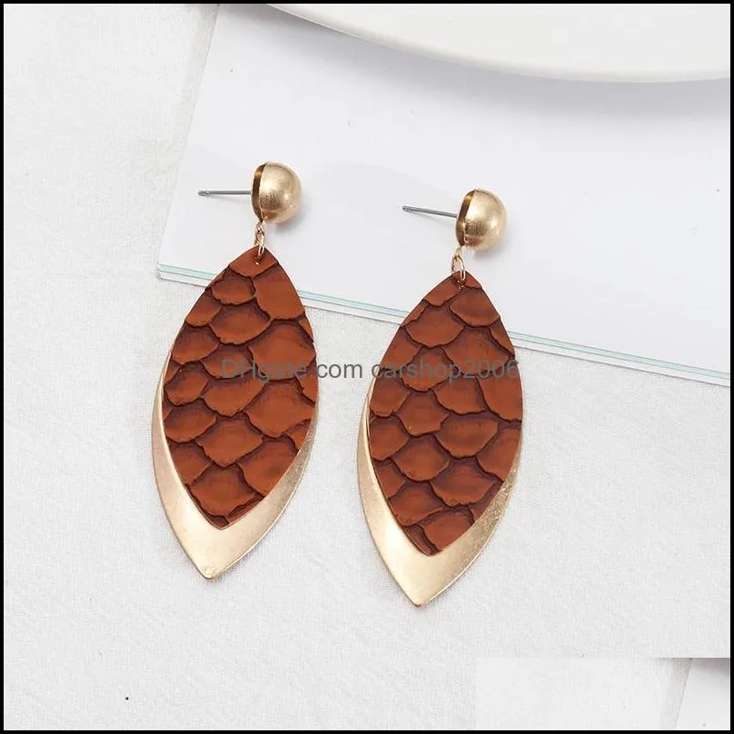 oval leaf frame inspired splicing leopard print pu leather charms earrings geometric women jewelry