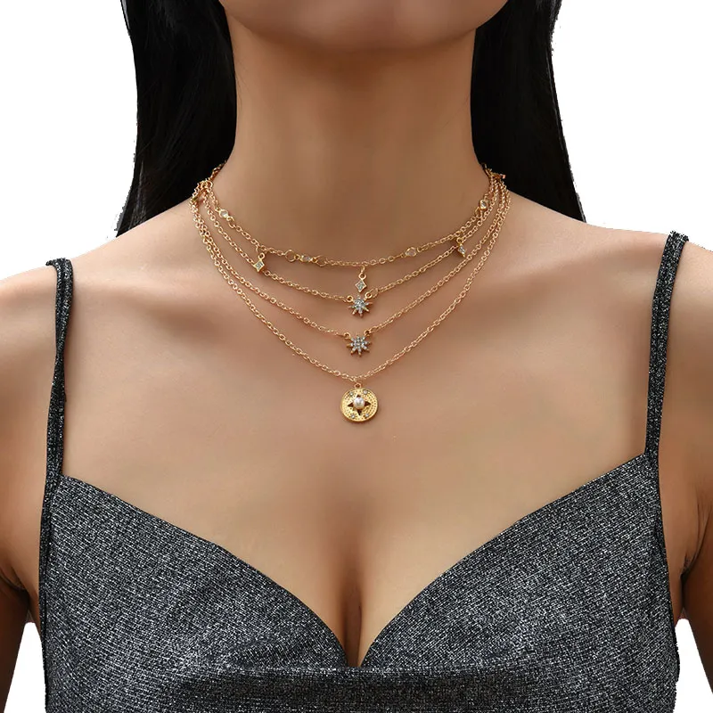 Dames trendy gouden kleur metalen ketting kettingen voor vrouwen boho mode -strass star hanger gelaagde ketting feest sieraden