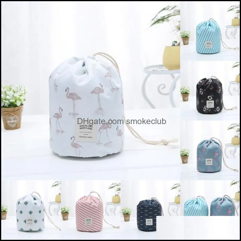 Barrel Shaped Cosmetic Bags Large Capacity Drawstring Travel Dresser Pouch Xford Fabric Bird Print Organizer Storage Bags 9colors