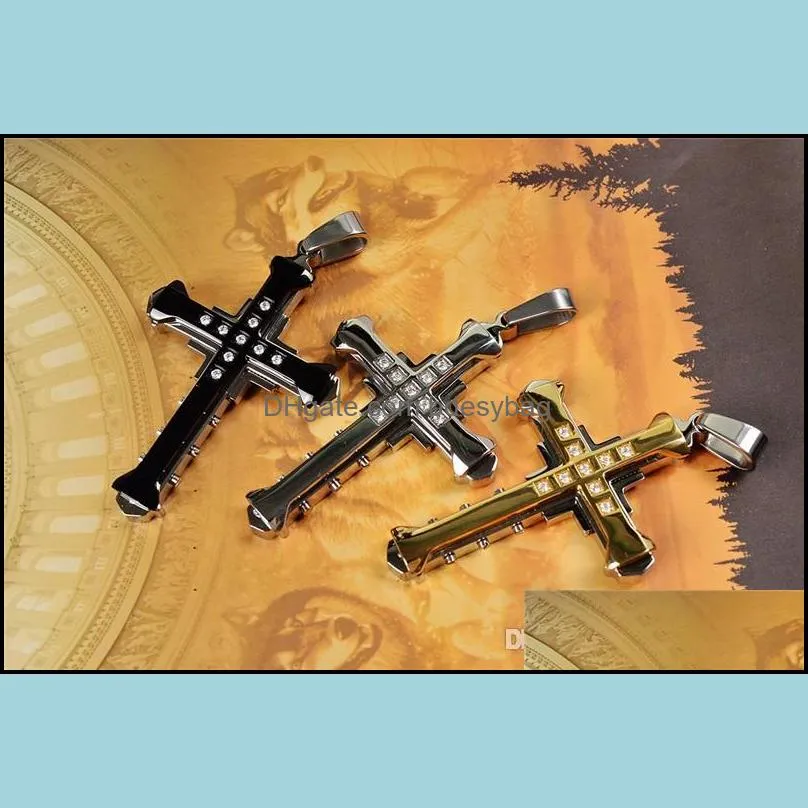 Men`s Crystal Cross Pendant Silver Gold Black Stainless Steel Cross Pendant Necklace
