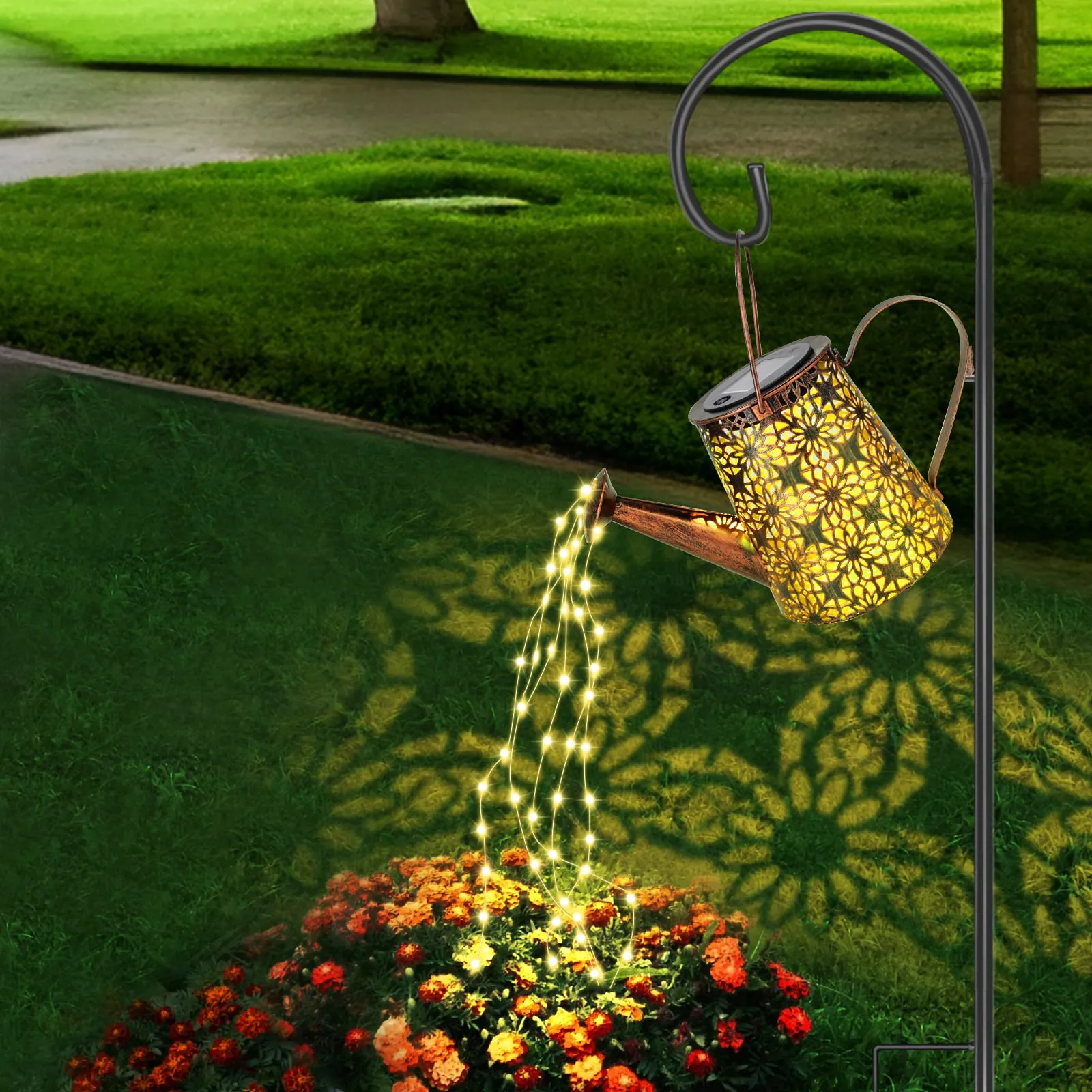 Solar Waterfall Warm White Law Lamps Garden Decorations Outdoor Watering Can with Cascading Lights Hanging Waterproof Garden Decor for Outside Suitable