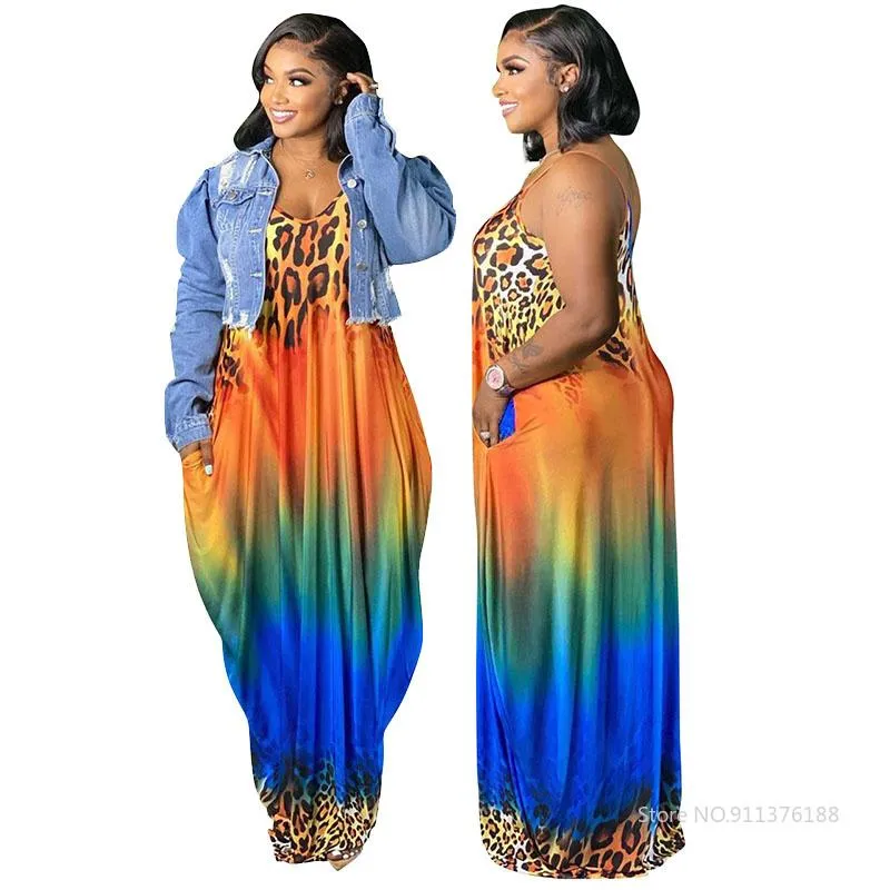 Lässige Kleider 4x Plus Size Damen Kleidung Leopard mit Taschen Sommer Strand Slip Kleid rückenfrei lang Großhandel Drop