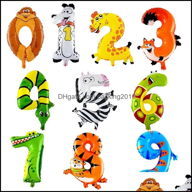 Autres fournitures de fête d'événement Festive Home Garden 16Inch Animal Aluminium Foil Balloon 0-9 Cartoon Number Enfants Anniversaire Décoration Hélium