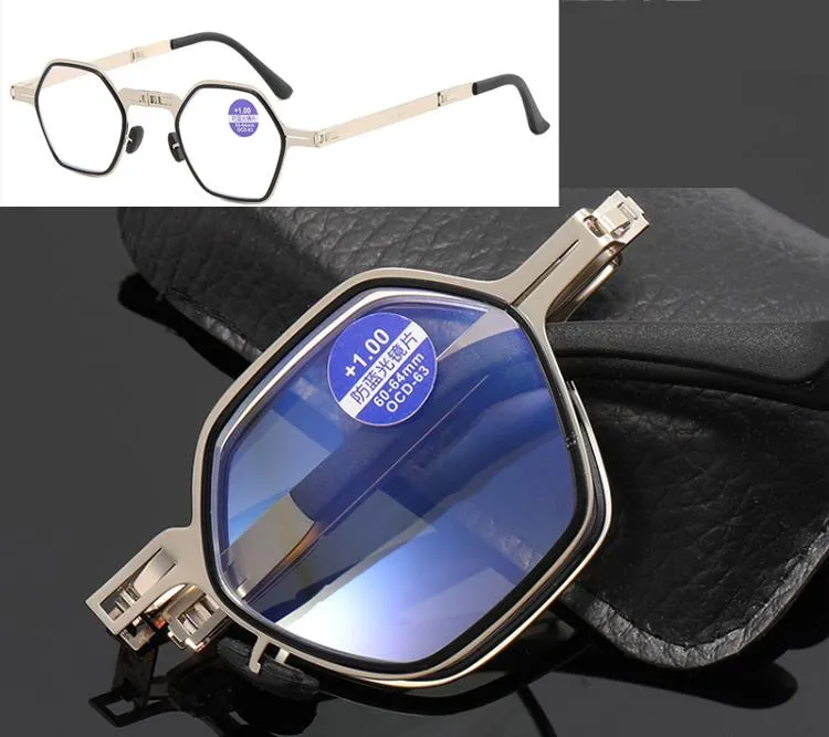 Solglasögon Metall Runda Fällbara Glasögon Män Blå Ljus Datorkvalitet Smal glasögonram för Gafas +3.5