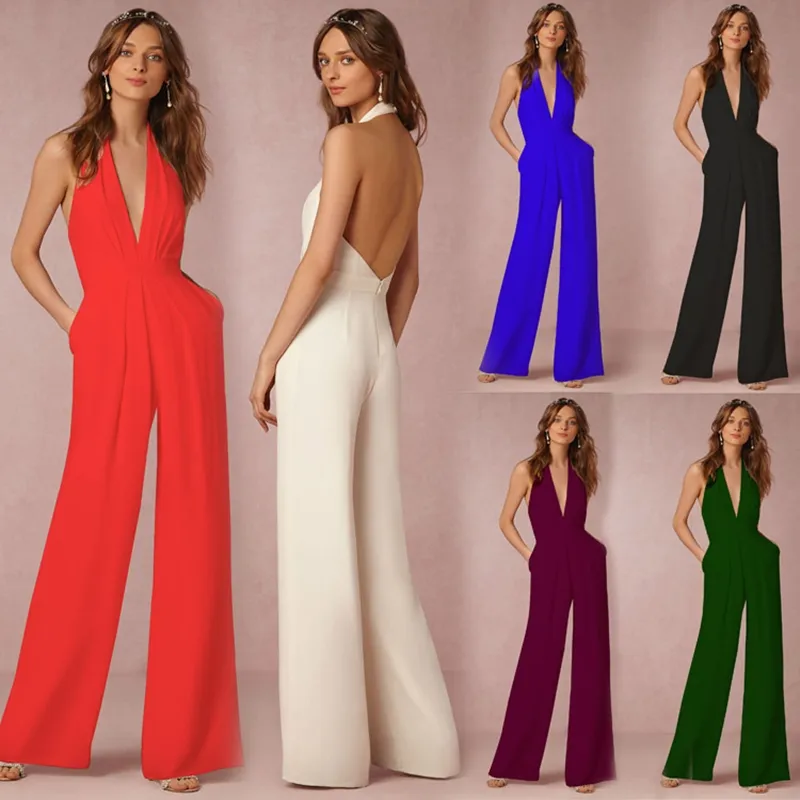 Kvinnors tvåbitar byxor Casual Jumpsuit Sexig ärmlös halter Pure Color Beam Midja Deep V Neck Ultrabrett benbyxor i ett stycke Löst byxor Simple Style Siamese