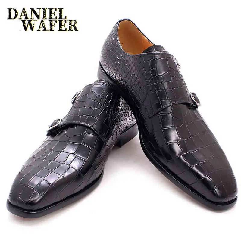 Luxe Italiaanse heren koe leer puntige teen schoenen dubbele gespen alligator print feest formele zakelijke zwarte schoenen voor mannelijk