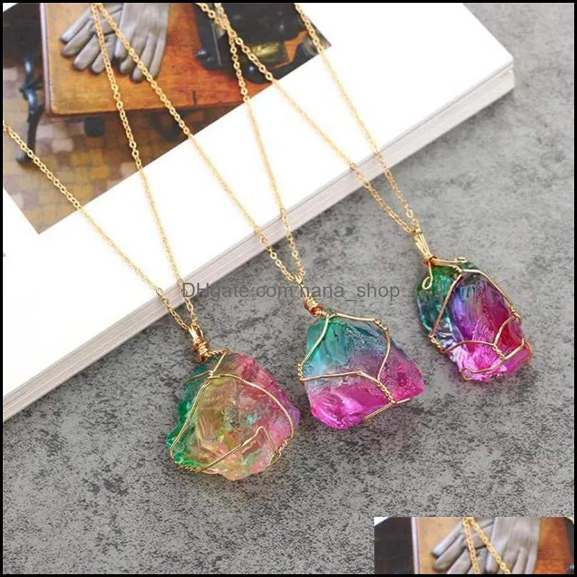 Fashion Couples Colorful Natural Crystal Necklaces For Women Men Gold Plated Quartz Healing Chakra Pendant Choker Necklace Link Chain