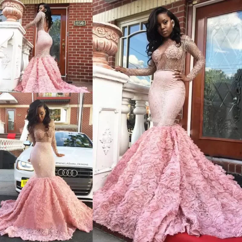 Pink Mermaid Prom Dresses Long Sleeves Sexy Illusion Top Backless Sweep Train Handmade Flowers Beading Custom Made Plus Size Evening Party Gown Vestidos