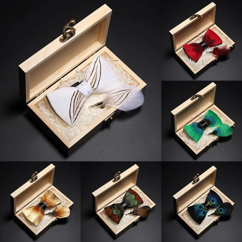 Bow Ties Original Design Natural Feather Tie Exquisite Hand Made Mens BowTie Brooch Pin Wooden Gift Box Set For WeddingBow