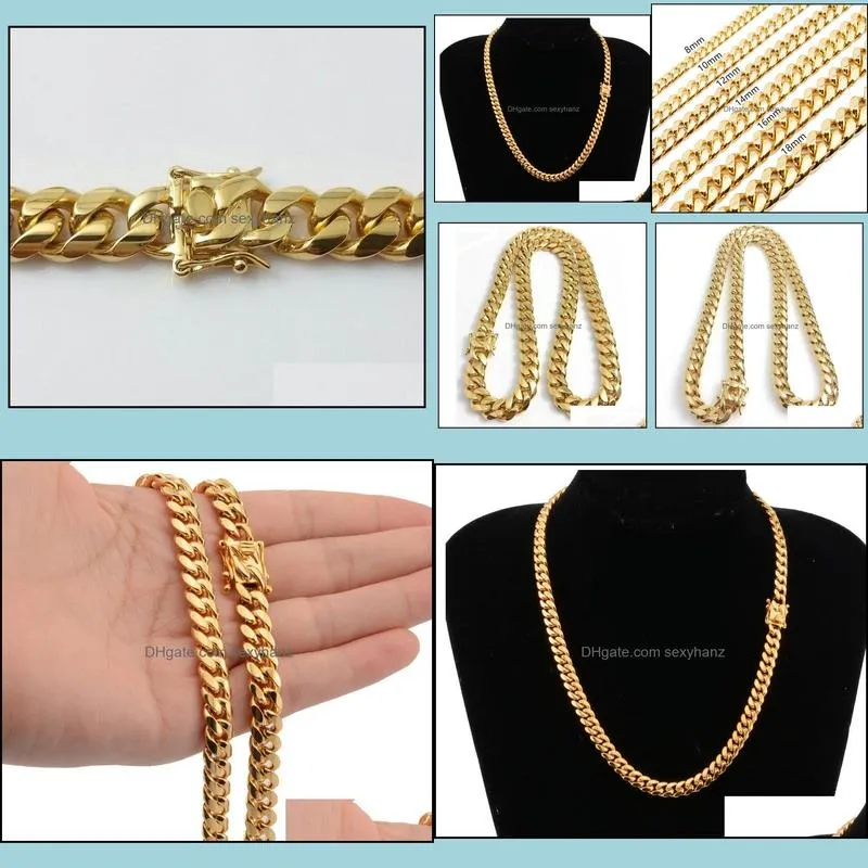 Stainless Steel Chains 18K Gold Plated High Polished  Cuban Link Necklace Men Punk 14mm Curb Chain Double Safety Clasp