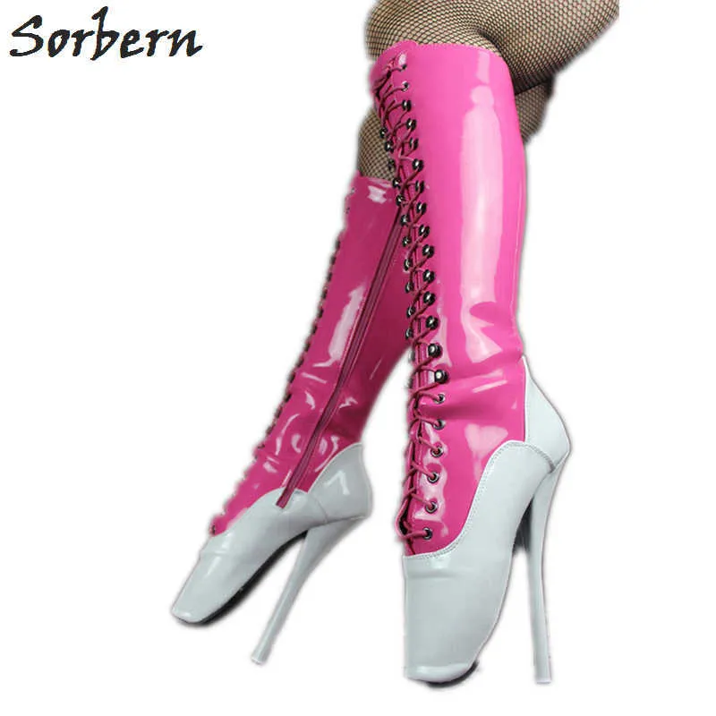 Sorbern femmes bottes de Ballet genou haute grande taille talons hauts à lacets danse Gay 18CM/7 ''personnalisé large coupe ajustée chaussures punitives BDSM