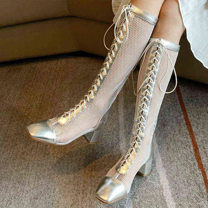Neue coole Stiefel Damen-Sandalen mit hohem, dünnem Bein, Sommer-Mesh, atmungsaktiv, Freizeit, groß, 220421