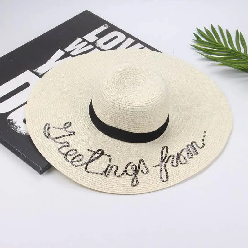 ワイドブリム帽子ファッション女性スパンコールのための夏の大きな太陽の帽子は、刺繍折りたたみ折りたたまれたフロッピーボヘミアビーチキャップワイドを邪魔しません