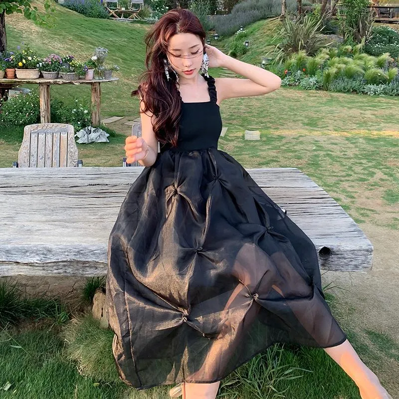 Casual Summer Black Midi Slip Dress Women Long Retro Y2k Ruched Formal