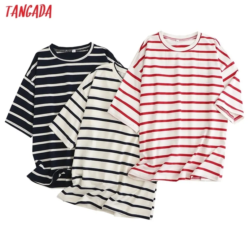 Tangada Women Striped Bawełna T Shirt Krótki Rękaw O Neck Tees Damska Casual Tee Street Wear Top 6L42 220321