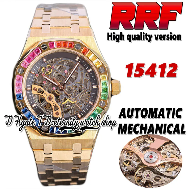 RRF 41mm JC15412 Automatisk mekanisk herr Titta på regnbågen T Diamond Bezel Skeleton Black Dial Double Balance 316L Rostfritt stål Guldarmband Evighetsklockor