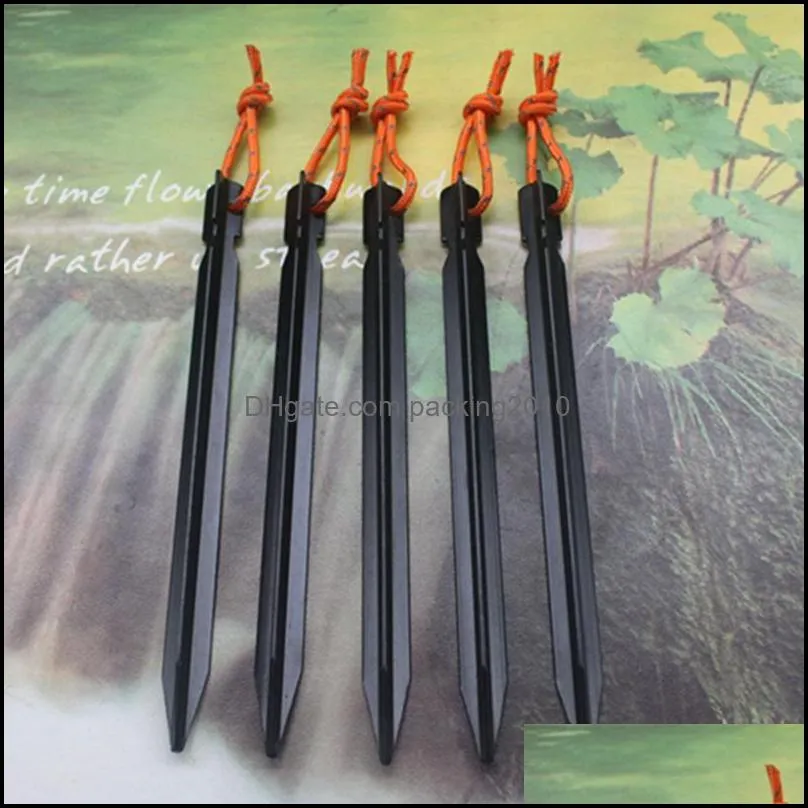 lightweight aluminum outdoor tent stakes camping tent nail with rope traveling tent building 18cm prismatic nail hand tools
