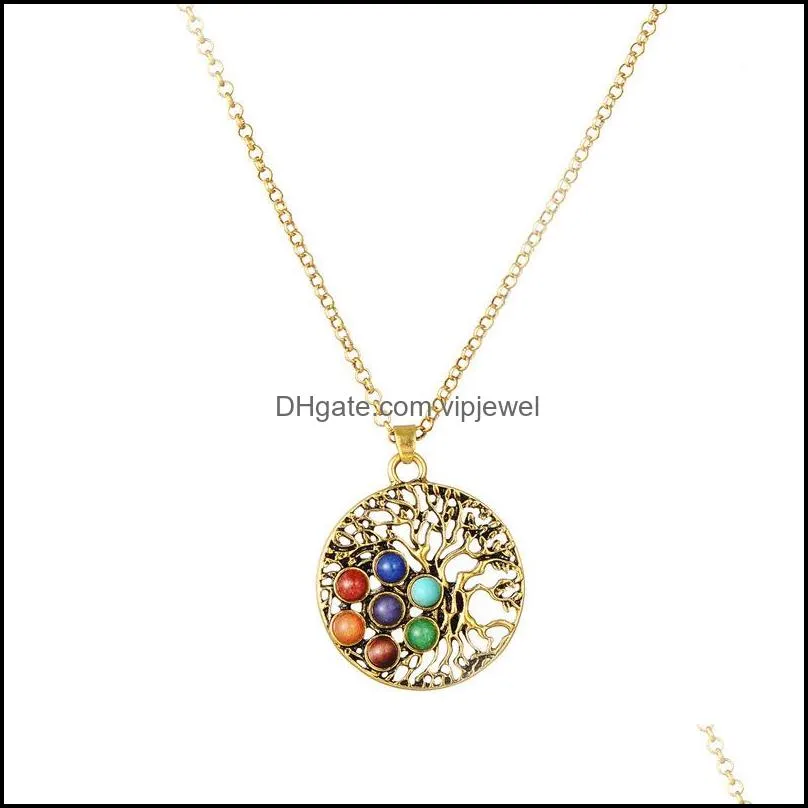 zinc alloy wholesale gemstone pendant vintage tree of life necklace healing 7 chakra necklace