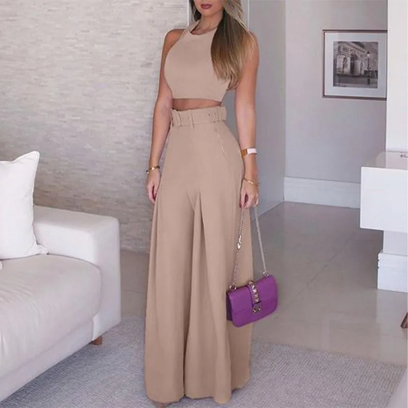 Women S Two Piece Pants Suits Sleeveless Halter Cropped Tops Sashes Wide Leg High Waist Straight Female Sets Summer Streetwear