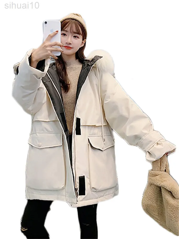 Frauen Mantel Beige Lose Fell Kapuze Unten Baumwolle Jacke 2022 Winter Neue Mode Koreanische Große Tasche Langarm Dicke Wärme kleidung L220730