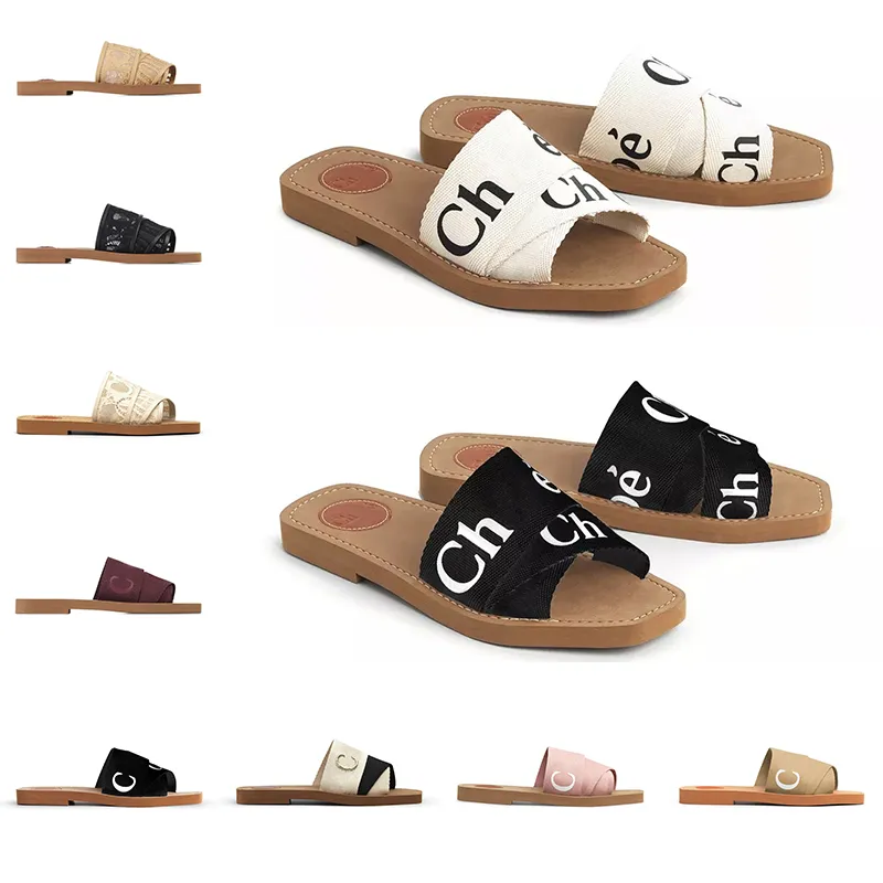 Chinelos de lona de designer de slides amadeirados branco preto macio vela rosa mulas femininas sandálias planas moda sapatos de praia ao ar livre