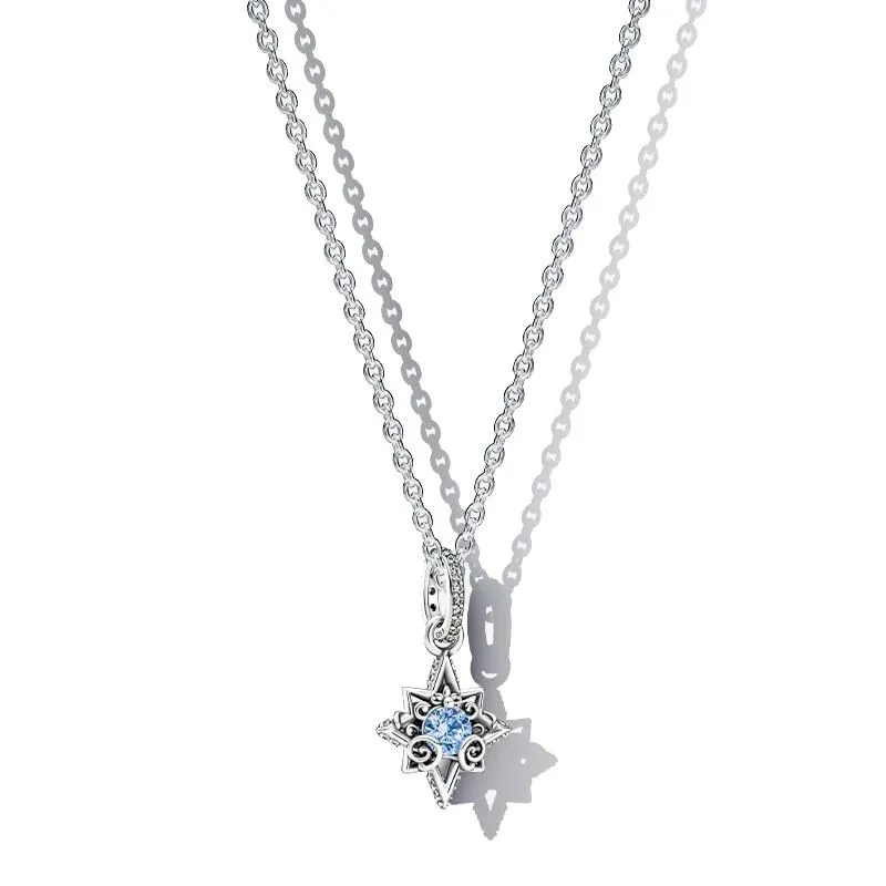 Fashion 925 Sterling Silver Sky Blue Starfish Pendant Necklace CZ Diamond Bright Star Chain Item Original Boxed Pandora Men and Women Couple Set Gift