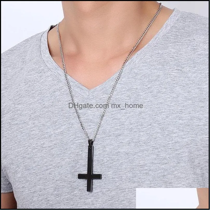 Male Black St Peter`s Inverted Cross Pendant Necklace for Men Stainless Steel Choker Crux de Sanctus Petrus Jewelry