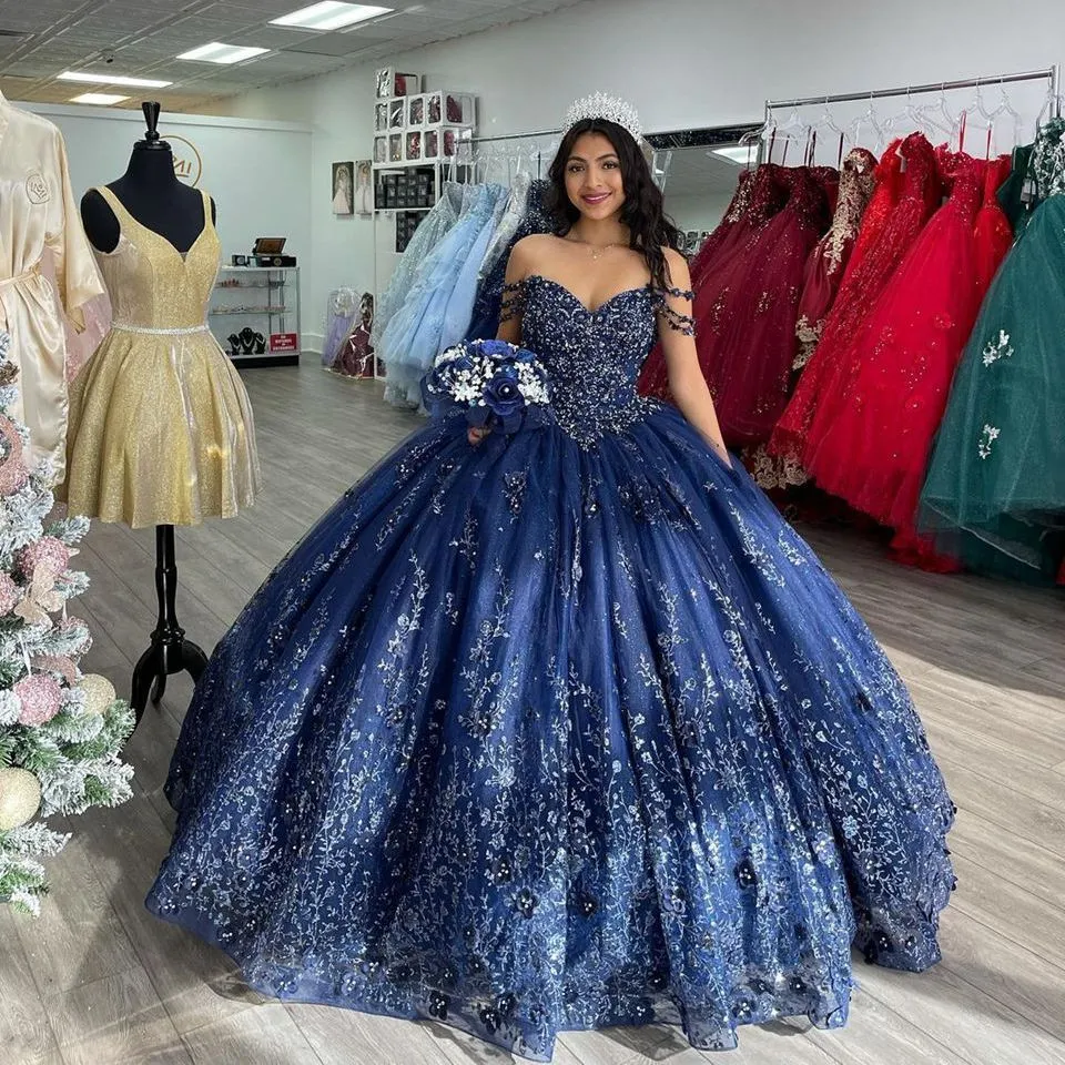 2022 Luxury Navy Blue Princess Quinceanera Dresses Beading Appliques Party Dress Tulle Elegent Sweet Vestido De 15 16 Anos