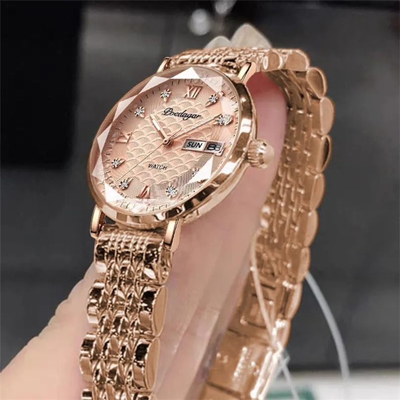 POEDAGAR Uhr Frauen Mode Luxus Edelstahl Armbanduhr Armband Einfache Rose Gold Wasserdicht Leuchtende Damen Uhren 220618