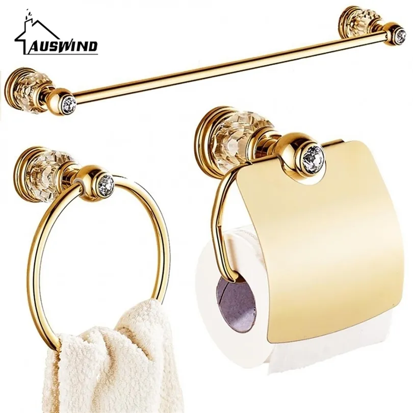 Luxe Zirconium Or En Laiton Massif Porte-Papier Toilette Poli Porte-Serviettes Cristal Base Ronde Serviette Anneau Salle De Bains Accessoires 200923