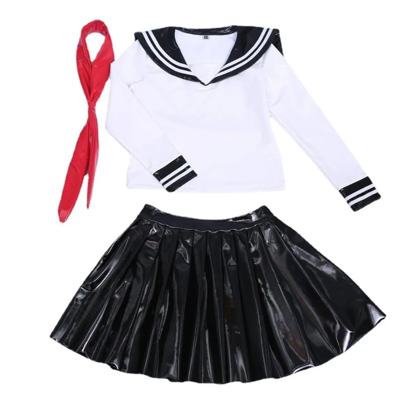 Clothing Sets 3Piece Set Sailor Neck T Shirt Pleated Mini Skirt Korean Student Uniform Suit Cocktail Leather Latex French Maid Top SetClothi