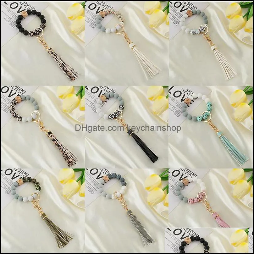 party favor silicone bead bracelet key ring anti loss wood women tassel keys chain 9 style dd592