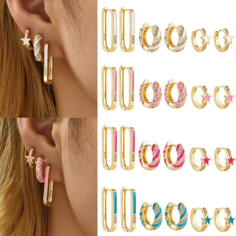 Hoop & Huggie Trendy Colorful Enamel Twist Round Earrings Set Small Geometric Star Square CZ Zircon Huggies Ear Buckle Jewelry For WomenHoop
